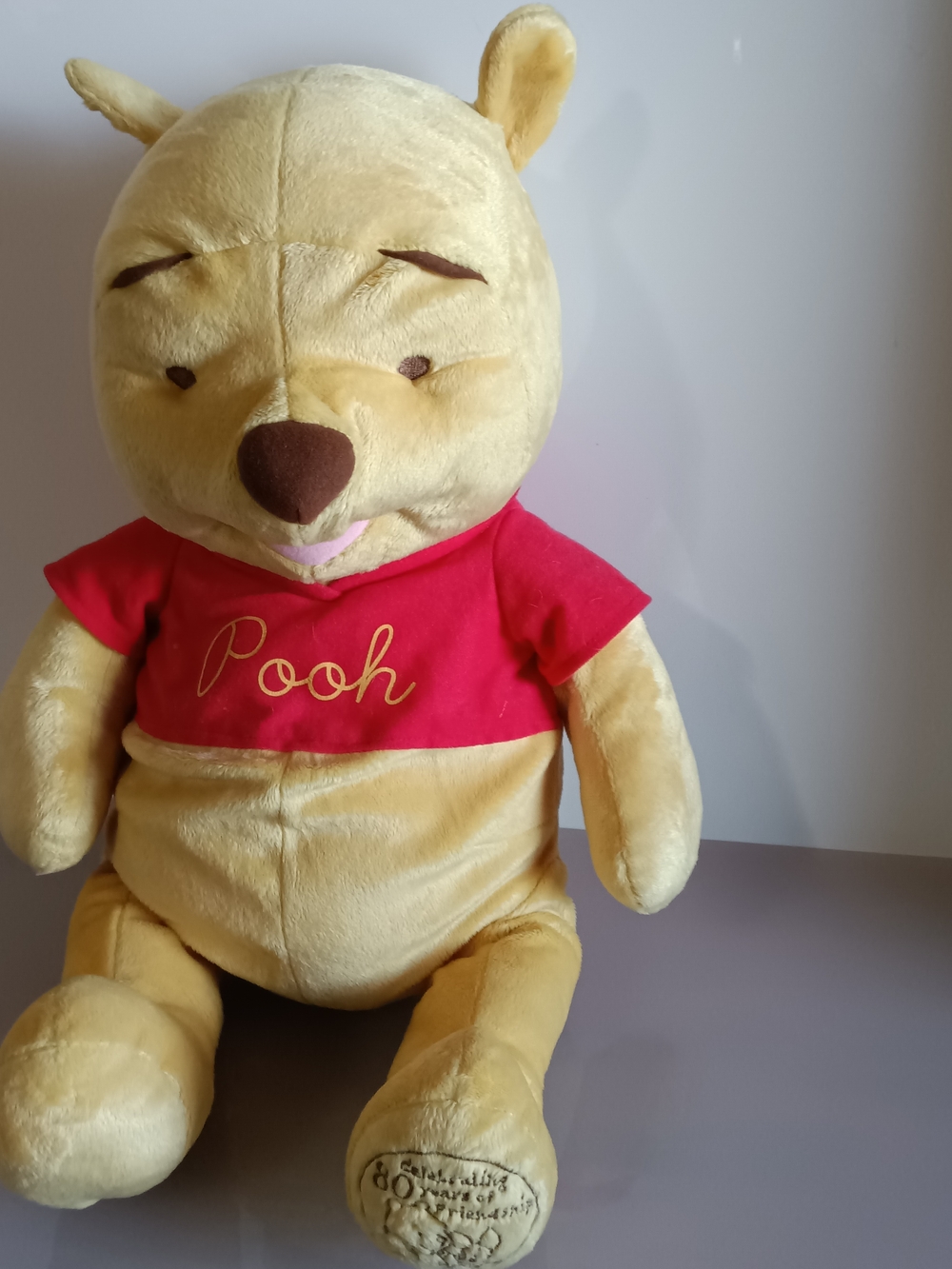 Disney Winnie The Pooh Plush Toy Celebrating 80 Years Of Friendship. W/Red Shirt
